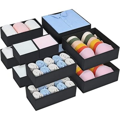 DIMJ Set of 12 Drawer Organizers Foldable Organizers and Storage Fabric Wardrobe Clothes Organizer Multifunctional Storage Box for Clothes, Bra, Toys (Black)