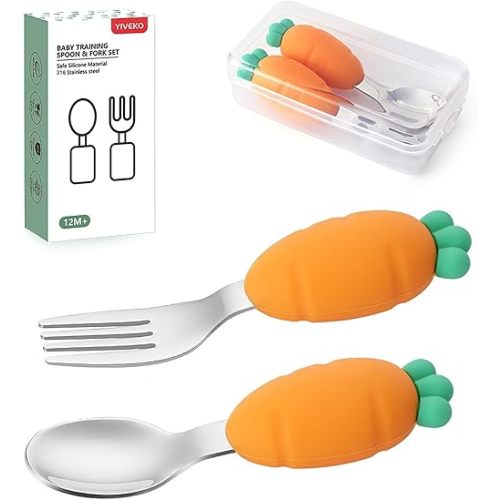 Baby Fork and Spoon Set with Carry Case Baby Training Utensils Self Feeding Toddler Silverware Silicone and Stainless Steel Kids and Toddler Utensil Set-Carrot