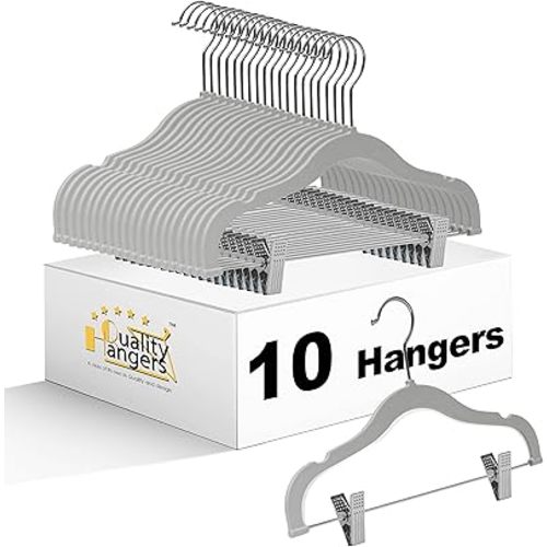 Quality Kids Children's Plastic Non Velvet Non-Flocked Thin Compact Skirt Pant Coat Hangers with Metal Clips for Skirts Pants Blouses 360° Swivel Hook, Jacket, Shirt, Legging, Suit Hangers (Gray, 10)