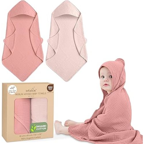 Organic Cotton Muslin Baby Hooded Towels - 32x32 Inch, 2 Pack Newborn Bath Towels for Boys & Girls, Soft & Absorbent Bath Set (Rose/Peach)