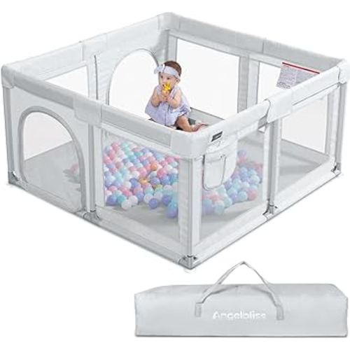 ANGELBLISS Baby Playpen, Large Baby Playard, Indoor & Outdoor Kids Activity Center with Anti-Slip Base, Sturdy Safety Play Yard with Breathable Mesh, Kid's Fence for Infants Toddlers (Grey, 50x50)
