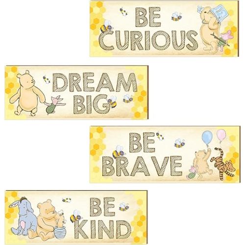 Winnie Nursery Decor Wall Art - 4 Pcs the Pooh Bear Wooden Signs - Be Kind Brave Curious Vintage Baby Stuff for Bedroom living room home -11x 3.9 Inches