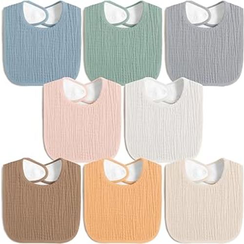 8 Pack Muslin 100% Cotton Baby Bibs for Unisex, Soft and Absorbent Gender Neutral Set for Feeding and Drooling