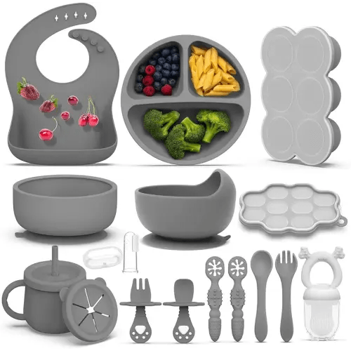 16 Pack Silicone Baby Feeding Set, BPA-Free Baby LED Weaning Supplies, Include Suction Plates, Baby Bowls, Silicone Fork & Spoon, and More, First Stage Baby Food Eating Utensils - 6+ Months(Grey,16)