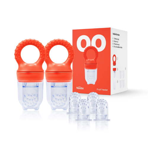 Love Noobs Baby Fruit Feeder, BPA-Free Teething Pacifier, Baby Pacifier Fruit Feeder, Fresh Frozen Fruit Feeder and Teether, Food Pacifier, 2 Complete Fruit Feeders, 4 Extra Teats, Red