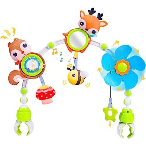 Koty Baby Stroller Arch Toy with Teether, Rattle, Crinkle Sound, Mirror & Music Box, Newborns Sensory Activity Carrier Take-Along Toy, Adjustable for Bouncers, Car Seat & Pram 0M+(Deer)