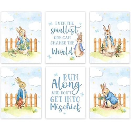 Andaz Press Peter Rabbit Theme Nursery Kids Bedroom Unframed Hanging Wall Art Poster Room Decor, 8.5x11-inch, Blue, Change the World, Run Along and Don't Get Into Mischief, 6-Pack, No Frames