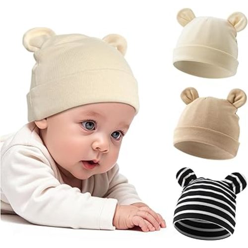 Cotton Newborn Hats for Unisex, Bear Ears Baby Girl Boy Beanie Hat for Newborn, Infant, Toddler Cap