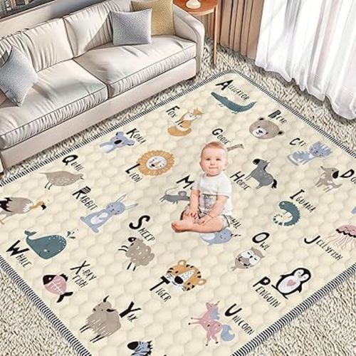 Baby Play MAT 59" X 71" Cotton Filling, Thickened Anti-Slip Baby Mat for Floor Playpen, Foldable and Machine Washable Baby Crawling Mat.