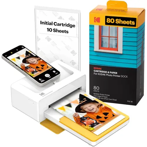 KODAK Dock Plus 4PASS Instant Photo Printer (4x6 inches) + 90 Sheets Bundle (10 Initial Sheets + 80 Sheet Pack)