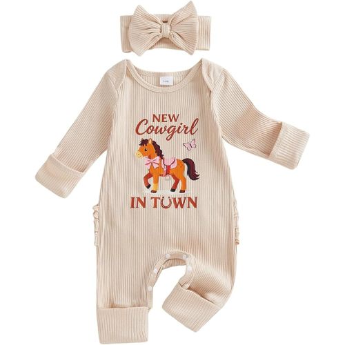 FYBITBO Newborn Girl Clothes Infant Cowgirl Romper Ribbed Knit Jumpsuit Western Baby Clothing Preemie Going Home Outfit