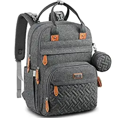 BabbleRoo Diaper Bag Backpack - Multi function Waterproof Diaper Bag, Travel Essentials Baby Tote with Changing Pad, Stroller Straps & Pacifier Case - Unisex, Dark Gray - Polyester