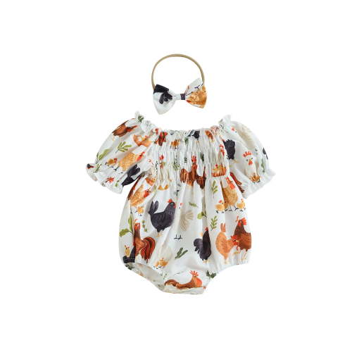 Jxzom Infant Baby Girl Farm Chicken Outfit 3 6 12 18 Months Rooster Hen Print Short Sleeve Bubble Romper Bodysuit with Headband