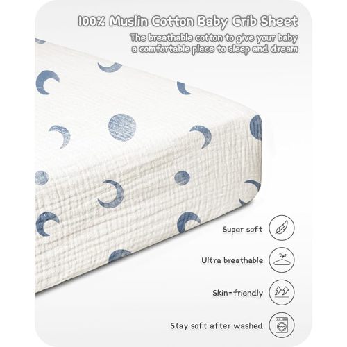 Bearmoss Muslin Crib Sheets 100% Cotton Baby Crib Sheets Fitted for Standard Crib Mattress & Toddler Bed Mattress 52"x28" Soft Breathable Crib Sheets Neutral for Boys Girls - 2 Pack (Blue Crescent)