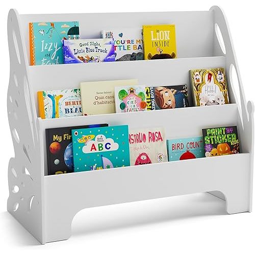 3 Tier Butterfly Kids Bookshelf - Nursery Bookshelf for Storage Organizer, Free Standing Baby Bookshelf for Kids Rooms, Children Bookcase for Playing Room, Bedroom, Nursery, Classroom, White.