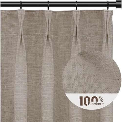 100% Blackout Shield Pinch Pleated Curtains 84 Inch Length 2 Panels Set, Linen Blackout Curtains for Bedroom/Living Room, Thermal Insulated Blackout Drapes with Liner, W40xL84, Dark Flax