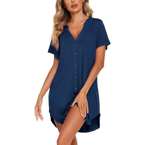 Ekouaer Women Button Down Nightgown V Neck Night Gowns Sleepshirts Short Sleep Shirts