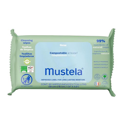 Mustela Baby Home Compostable Cleansing Wipes - For Face, Body & Diaper Area - 99% ingredients of natural origin & plant-based fibers - For all skin types - Fragrance Free Version & Various Sizes