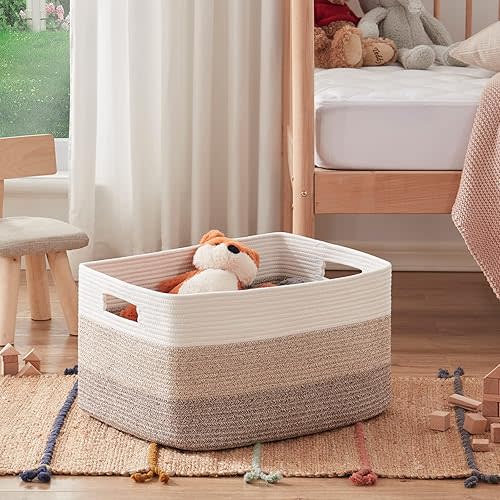 OIAHOMY Large Blanket Basket, Rectangle Woven Baskets for Storage, Nursery Blanket Basket Living Room, Toy Basket With Handle, Large Baskets for Organizing-22”x17”x12”-Gradient Yellow