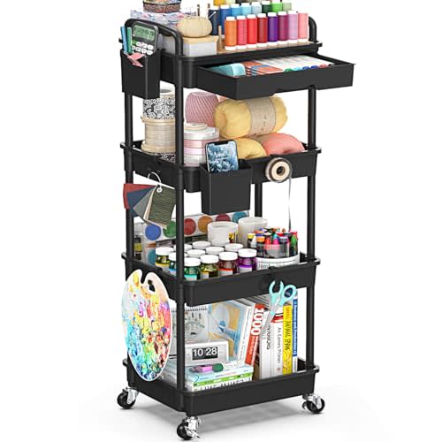 EaseSky 4 Tier Rolling Utility Cart with Drawer, Utility Storage Organizer with Plastic Shelf & Lockable Wheels Multifunctional Storage Cart for Kitchen, Bathroom, Office, Living Room, Black