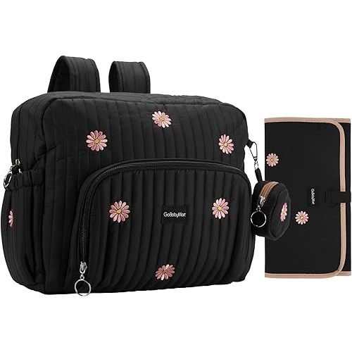 Diaper Bag Backpack, Medium Maternity baby bag & Changing Pad, Insulated Pockets, Stroller Straps & Pacifier Case (Medium - Black Flowers)