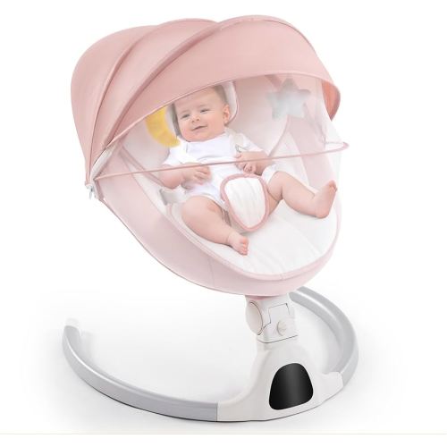 Soobaby Baby Swing for Infants,Electric Bouncer for Babies,Portable Swing for Baby Boy Girl,Remote Control Indoor Baby Rocker with 5 Sway Speeds,Music and Bluetooth, (Dark Pink)