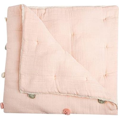 Crane Baby Blanket, 36” x 36”, Soft Cotton Pom Pom Nursery Blanket for Boys and Girls, Light Pink