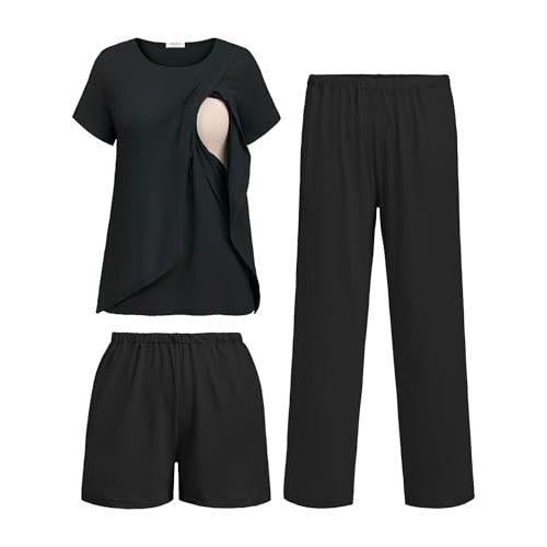 Ekouaer 3 PCS Maternity Nursing Pajamas Set Postpartum Breastfeeding Short Sleeve Shirts, Pregnancy Shorts & Pants Pjs S-XXL