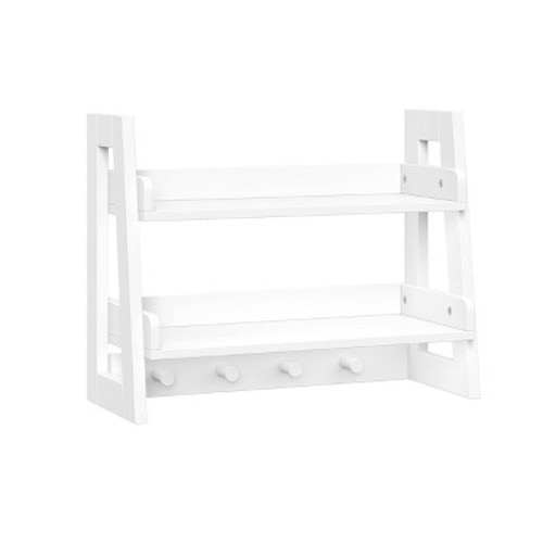 Kids' 2 Tier Ladder Wall Shelf with Hooks White - RiverRidge Home: Floating Bookshelves, Kids Room, MDF, 2 Shelves, 4 Hooks