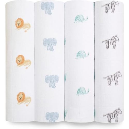 aden + anais Swaddle Blanket, 100% Organic Cotton Muslin Blankets for Girls & Boys, Baby Receiving Swaddles, Ideal Newborn & Infant Swaddling Set, 4 Pack, Animal Kingdom