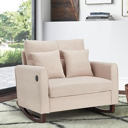 HOMREST Upholstered Oversize Rocking Chair, Nursery Rocking Chair with High Back and Side Pocket USB Port, Double Wide Rocker Armchair with Rubber Wood Legs for Living Room, Bedroom, Nursery, Beige
