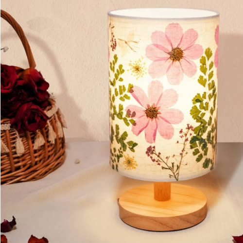 Dried Flowers Table Lamp 5W LED 3-color Pressed Flower Bedside Lamp Linen Shade with Wood Base for Bedroom Living Room Desk Office