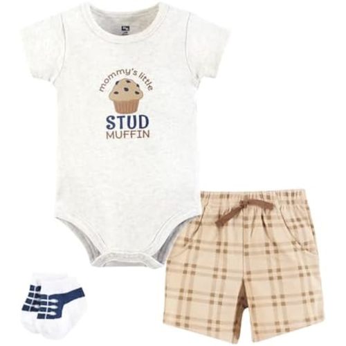 Hudson Baby Unisex Baby Bodysuit, Short and Sock, 3-Piece Set