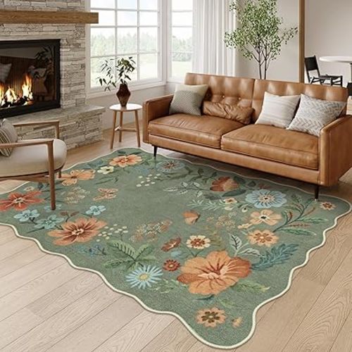 Lahome Floral Living Room Rugs, Area Rugs 5x7 Rug for Bedroom Ultra-Thin Soft Rug, Non-Slip Washable Rugs Stain Resistant Boho Rug Low-Pile Throw Rug for Dining Room Office (5x7ft,Green)
