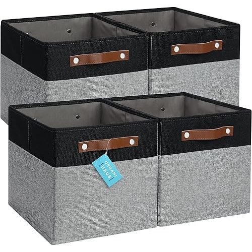 OrganiHaus 11x11 Cube Storage Bins - Set of 4, Fabric Cubby Bins with Vegan Handles, Square Storage Cubes in Gray/Black