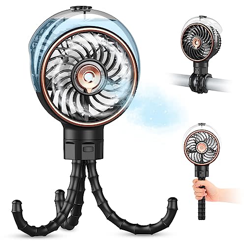 Ausic Stroller Fan with Mist, 100ml Misting Portable Fan for Stroller, Safe Baby Fans with Detachable Tripod, Baby Essentials, Clip on Fans for Crib, Treadmill, Car Seat, Outdoor, Beach, Golf Cart
