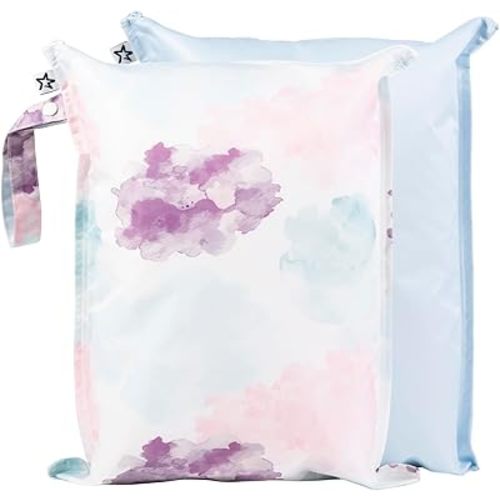 Tiny Twinkle Mess-proof Wet Bags 2 Pack Waterproof and Washable Bag for Travel storage, Stroller, Daycare, Baby Diapers, Yoga, Beach, Pool, Wet Toddler Swimsuits (Cotton Candy)