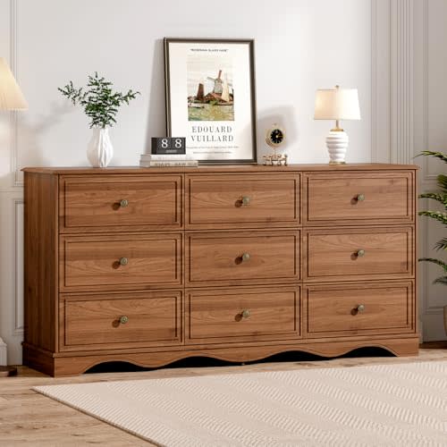 Chrangmay 9 Drawer Dresser,63" Wide Mid Century Chest of Drawers,Wooden Bedroom Drawer Dresser with 9 Storage Drawers for Bedroom,Living Room,with Anti-Tipping Device,Brown1