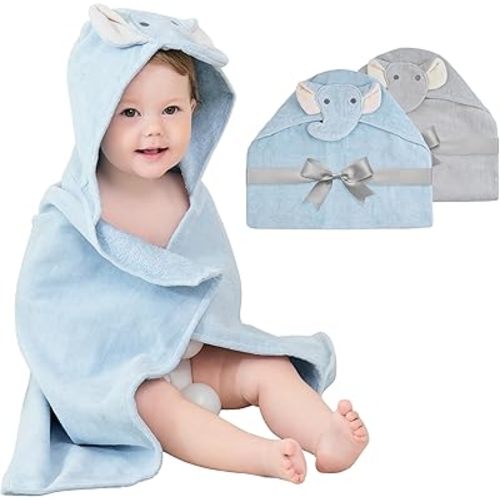 100% Cotton 2 Pack Baby Hooded Towel - Soft Baby Bath Towels - Baby Towels with Hood for Baby Girl and Boy Towels for Newborn with Unique Animal Design (Elephants)