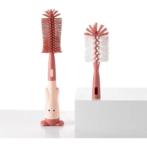 Multifunctional Cleaning Brush, Baby Bottle Brush, Bottle Brush Cleaner Set, Pink, Silicone and Nylon Brush