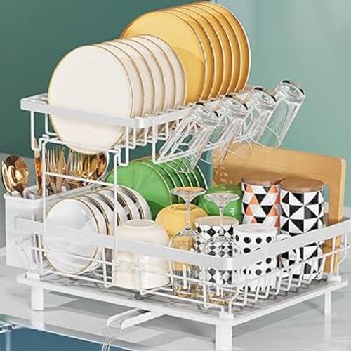 2 Tier Dish Drying Rack, Larger Capacity Dish Drying Rack for Kitchen Counter, Dish Drainer with 360° Rotatable Spout, Multifunctional Dish Rack with Cup Holder, Utensil Holder, White
