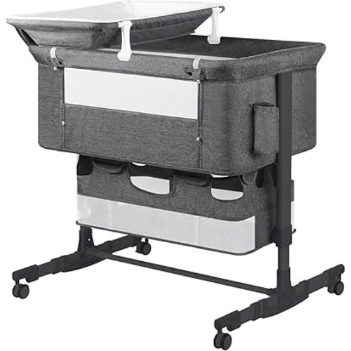Baby Bassinet Bedside Sleeper with Diaper Changing Station + Mosquito Net + 16gallon Capacity Storage, Adjustable & Portable Bassinet Cosleeping Baby Bed (Black Grey)