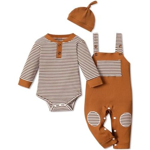 Baby Boy Outfits Stripe Print Romper Top and Baby Overalls with Hat Baby Boy Clothes Fall Winter
