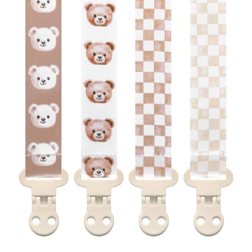 Baby Pacifier Clip Holder - Boy and Girl Unisex 4 Pack Gift Set – Vintage Neutral Checker Teddy Bear Beige and Brown