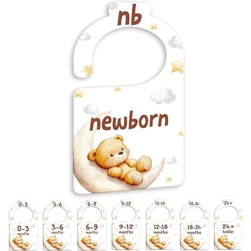 Bear Baby Closet Dividers for Nursery Closet Organizer, Newborn to 24 Months Size Clothes, Bear Moon Hangers with Size Dividers, Double Sided