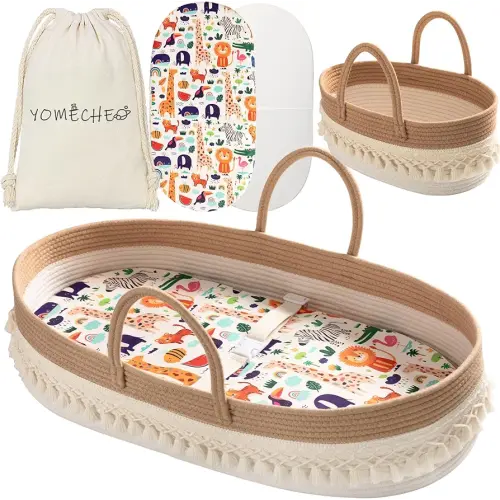 Baby Changing Basket, Boho Moses Baskets for Newborn, Baby Basket for Baby Dresser, Diaper Changing Basket for Baby with Diaper Caddy, Cartoon Changing Pad, Waterproof Sponge Cushion, Storage Bag