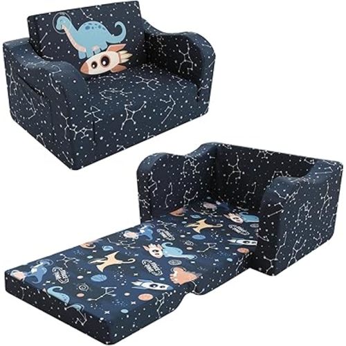 MeMoreCool Kids Couch, 2-in-1 Kids Couch Fold Out to Recliner, Comfy Kids Chair for Ages 3+, Cushioned Foam Kids Sofa with Washable Cover and Side Pocket, Midnight Galaxy