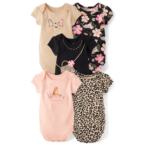 Baby Girls Leopard Bodysuit 5-Pack - Tan