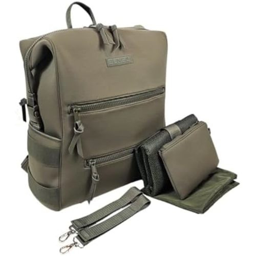 Neoprene Diaper Bag, Minimalist Backpack Diaper Bag with Pouch, Changing Pad, and Stroller Straps, Water Resistant and Lightweight Dad Diaper Bag, Diaper Bag Backpack - Olive
