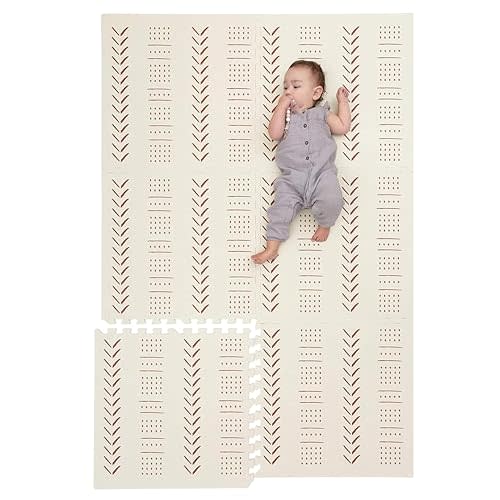 Childlike Behavior XL Baby Play Mat - 72 x 48-Inch Puzzle Play Mat with 6 Foam Floor Tiles - Interlocking Tummy Time Mat for Toddlers and Infants Play Pen - Waterproof and Soft Crawling Mat - Beige